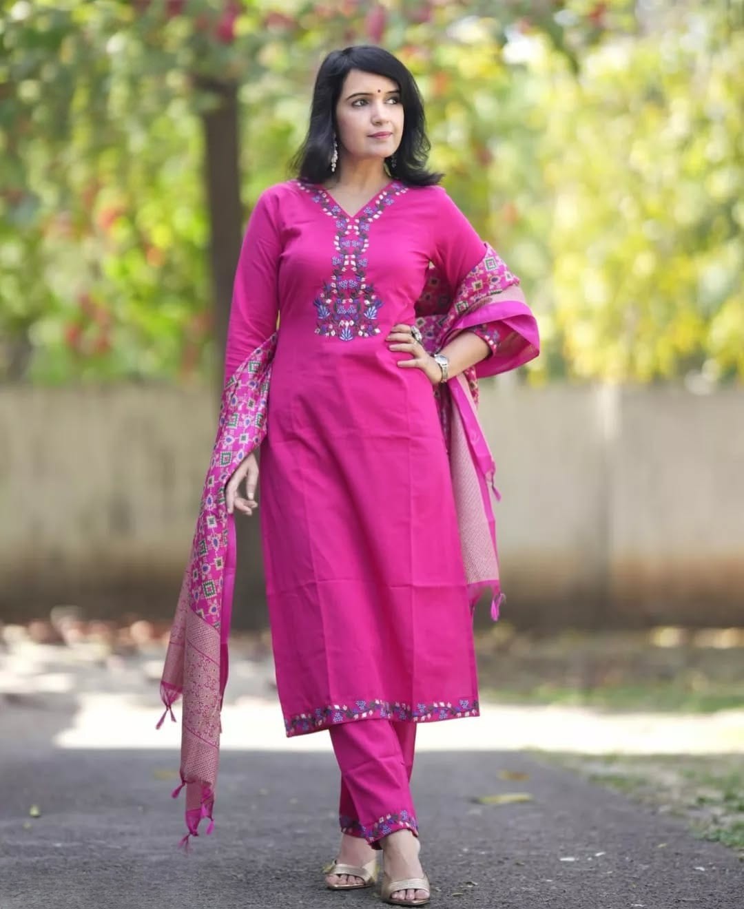 Fuchsia Pink Printed Cotton Kurta Pant Set with Dupatta