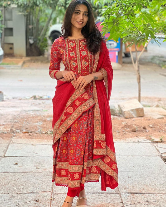 Women’s Designer Cotton Anarkali Kurta Set with Embroidered Kurta, Pant & Dupatta