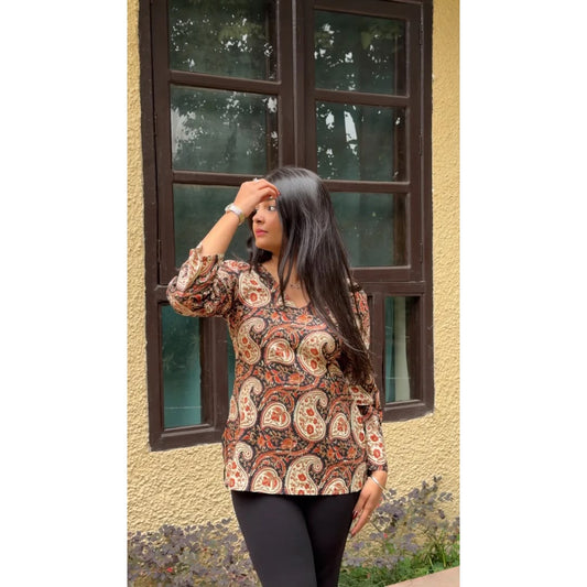 Brown Paisley Printed Short Cotton Kurti