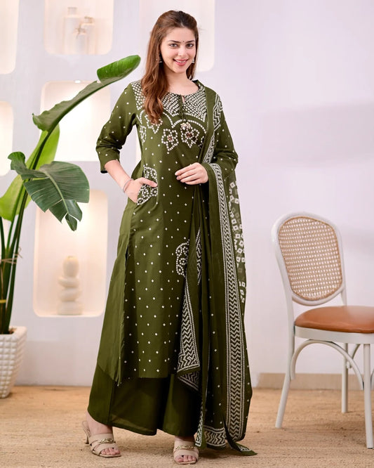 Olive Green Ethnic Kurta Pant Dupatta Set for Women
