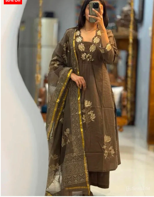Elegant Brown Ethnic Kurta Pant Suit with Floral Embroidery