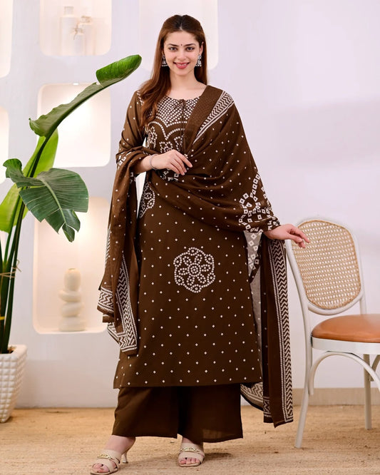 Chocolate Brown Bandhani Print Kurta Pant Set