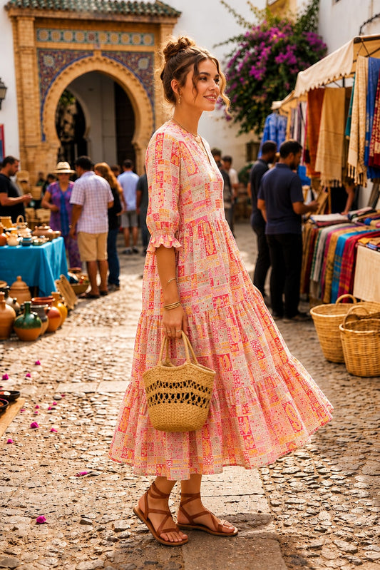 Elegant Pink Patterned Maxi Dress for Casual Wear