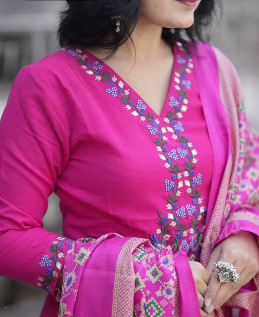 Fuchsia Pink Printed Cotton Kurta Pant Set with Dupatta