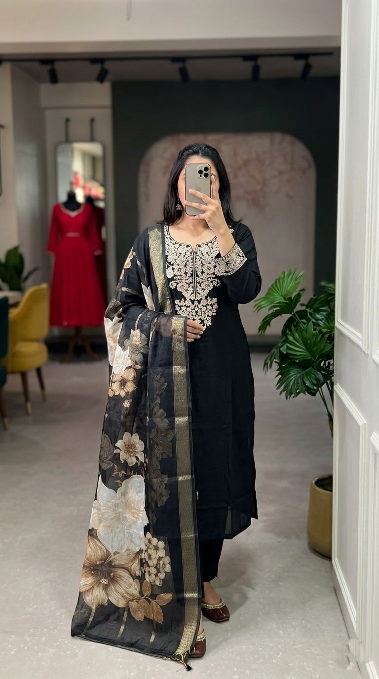 Premium Black Ethnic Kurta Pant Suit with Printed Dupatta