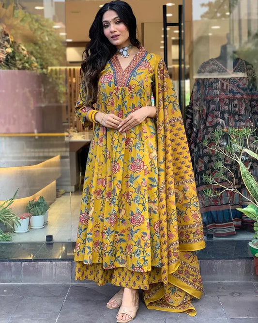 Floral Printed Cotton Kurta and Pant Set with Mulmul Dupatta