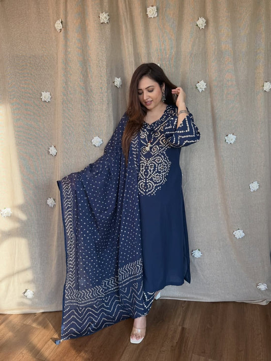 Blue Soft Cotton Bandhej print office Wear cotton Suit