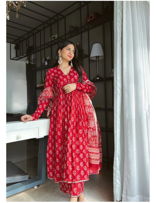 Women's Red Block Printed Kurta Set with Pants and Dupatta