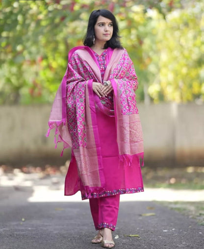 Fuchsia Pink Printed Cotton Kurta Pant Set with Dupatta