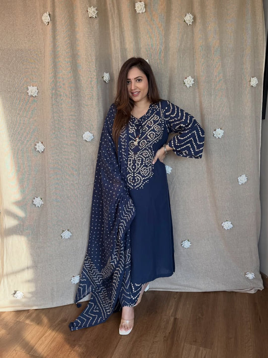Blue Soft Cotton Bandhej print office Wear cotton Suit