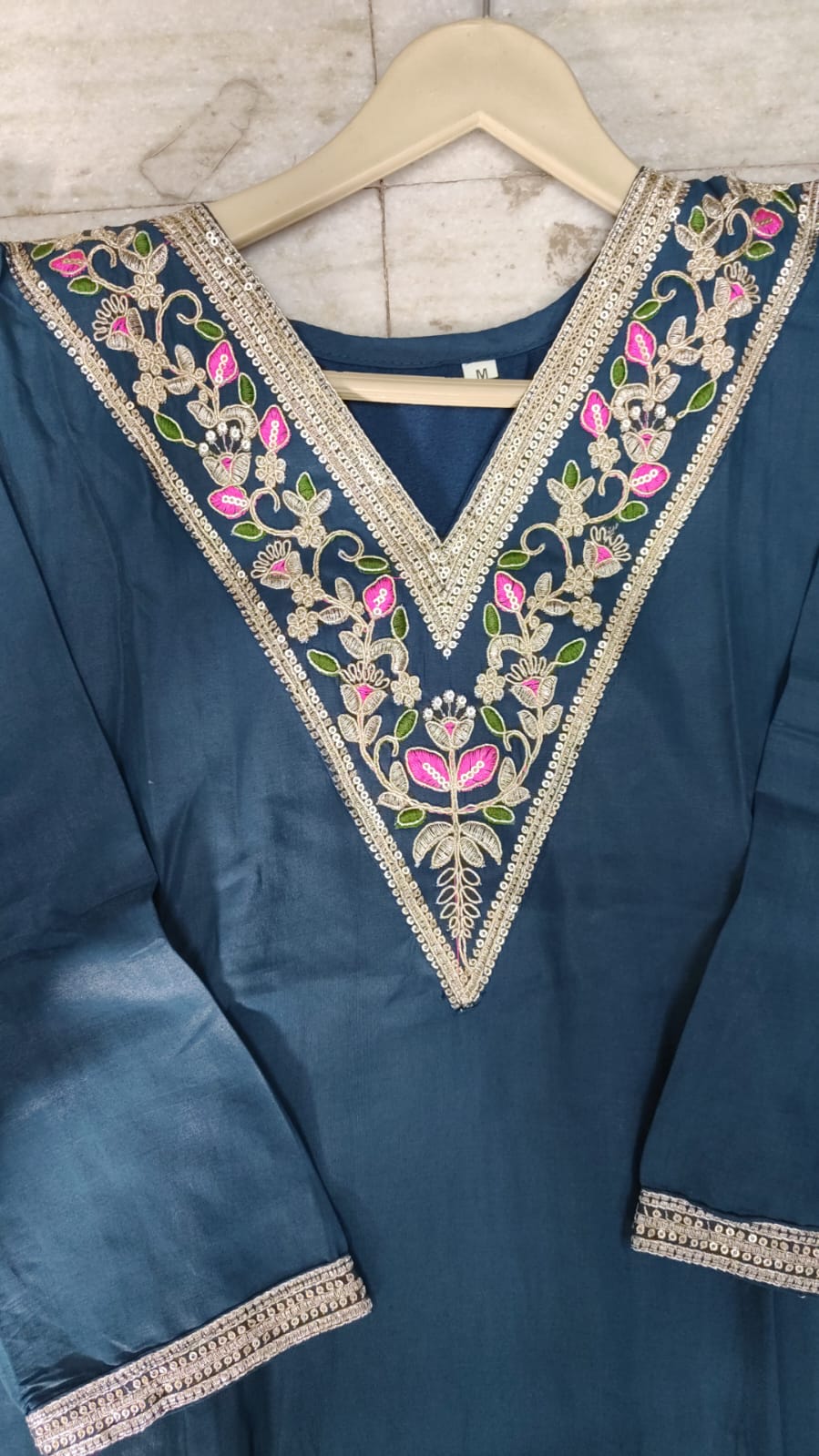 Teal Blue Embroidered Cotton Kurta Pant Set with Floral Dupatta