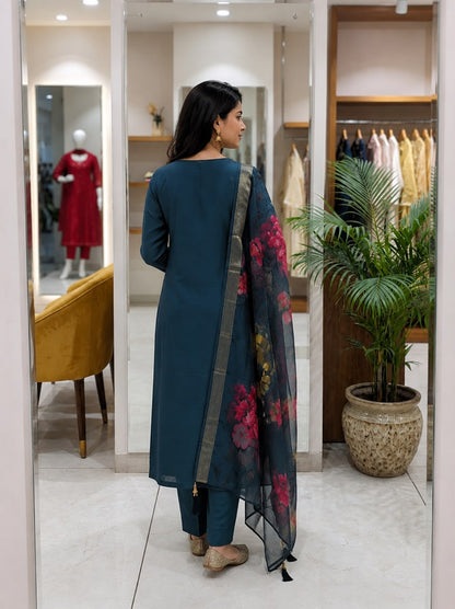 Teal Blue Embroidered Cotton Kurta Pant Set with Floral Dupatta