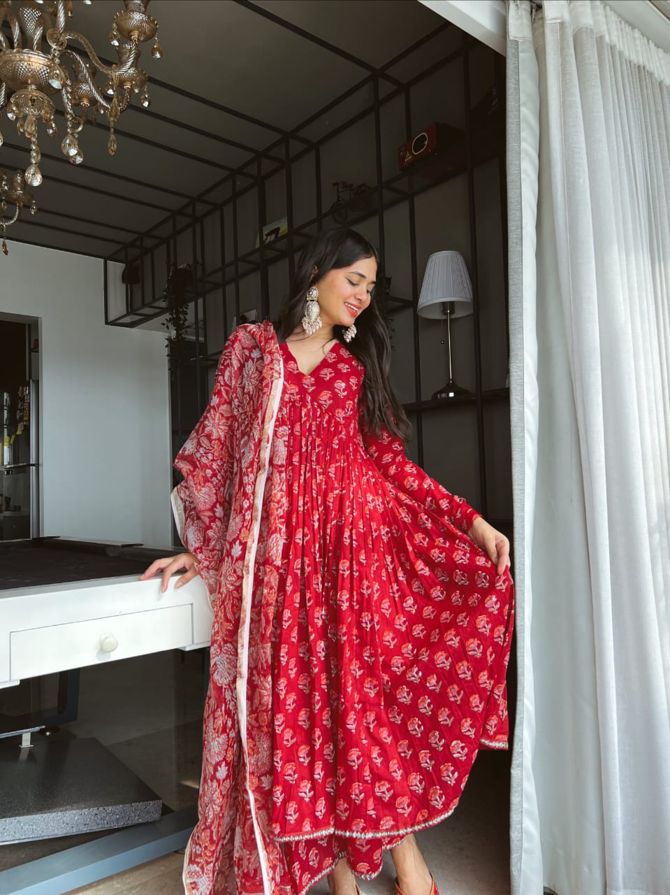 Women's Red Block Printed Kurta Set with Pants and Dupatta