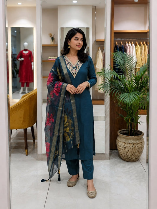 Teal Blue Embroidered Cotton Kurta Pant Set with Floral Dupatta