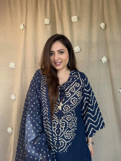 Blue Soft Cotton Bandhej print office Wear cotton Suit