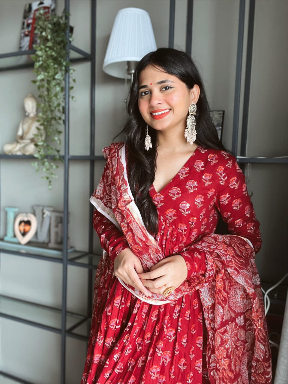 Women's Red Block Printed Kurta Set with Pants and Dupatta