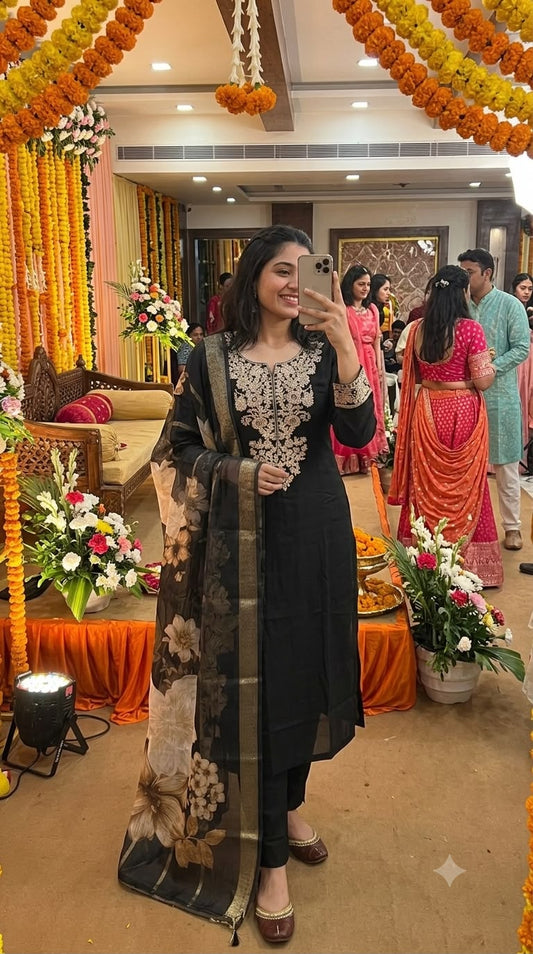 Premium Black Ethnic Kurta Pant Suit with Printed Dupatta