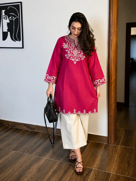Pink Embroidered Kurta Pant Set for Women