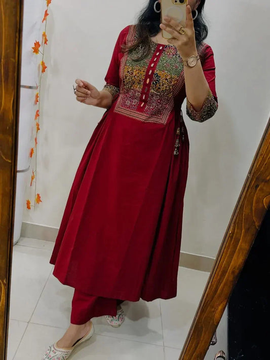 Women’s Red Embroidered Cotton Anarkali Kurta Pant Set