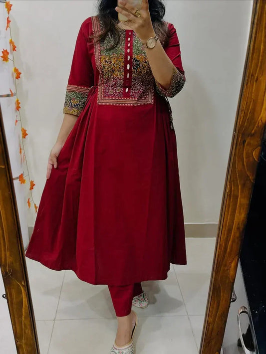 Women’s Red Embroidered Cotton Anarkali Kurta Pant Set