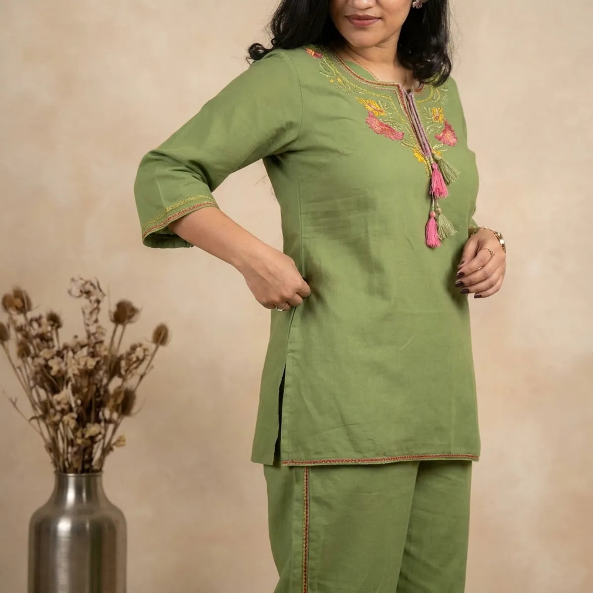 Olive Green Embroidery Cotton Co Ord Set
