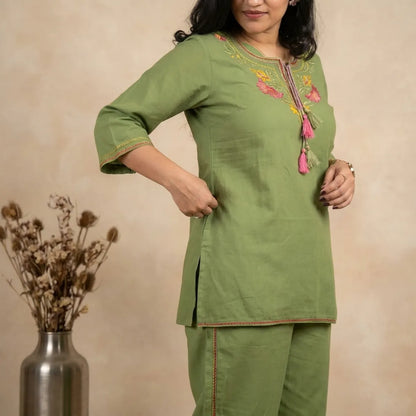 Olive Green Embroidery Cotton Co Ord Set