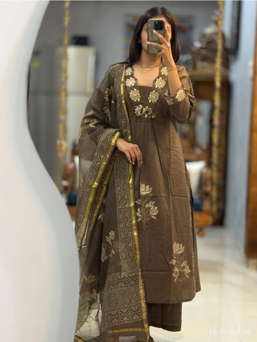 Elegant Brown Ethnic Kurta Pant Suit with Floral Embroidery