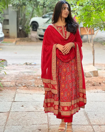 Women’s Designer Cotton Anarkali Kurta Set with Embroidered Kurta, Pant & Dupatta