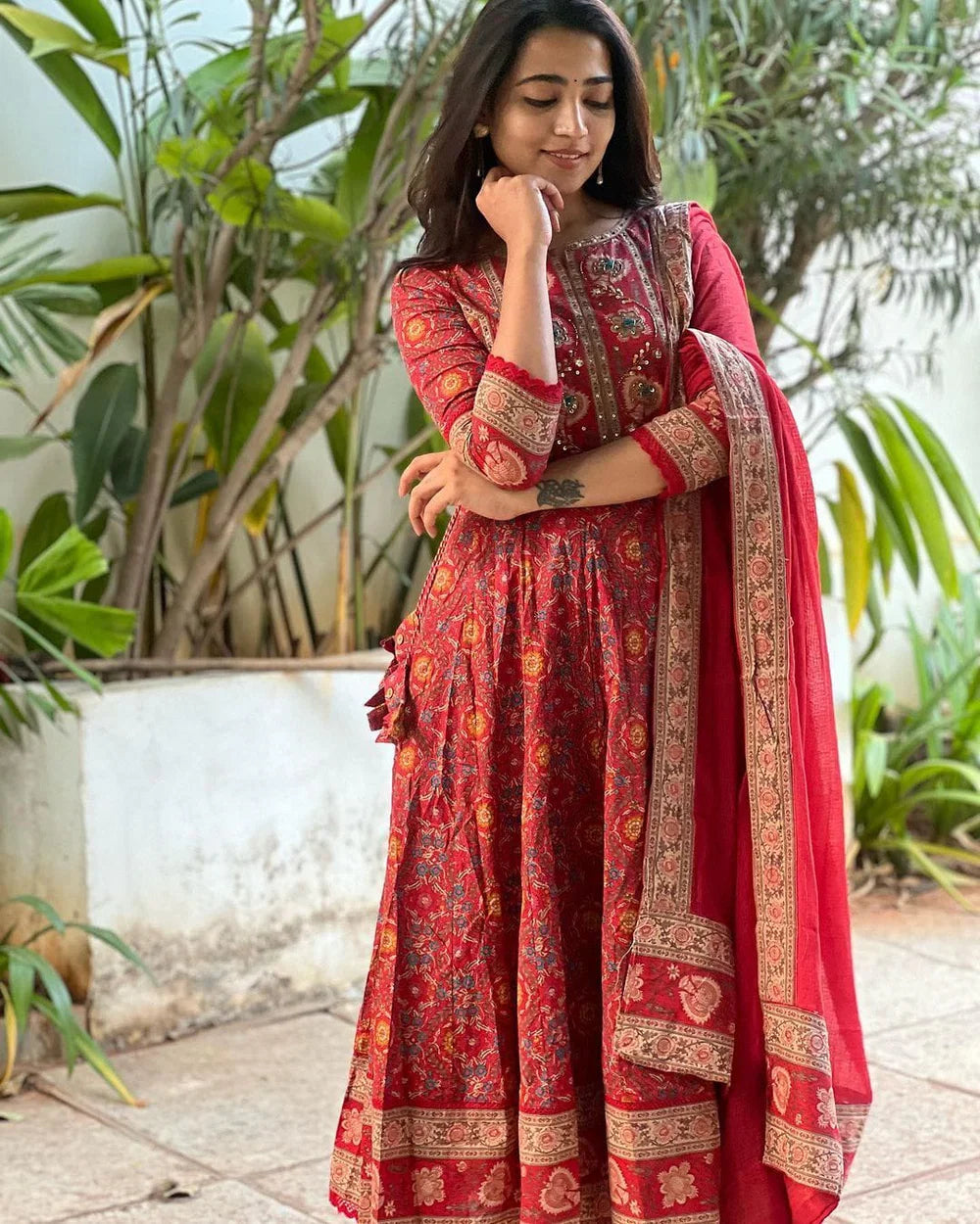 Women’s Designer Cotton Anarkali Kurta Set with Embroidered Kurta, Pant & Dupatta