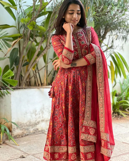 Women’s Designer Cotton Anarkali Kurta Set with Embroidered Kurta, Pant & Dupatta
