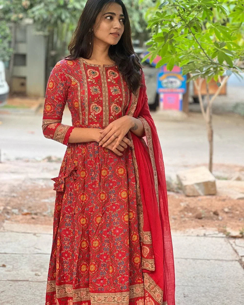 Women’s Designer Cotton Anarkali Kurta Set with Embroidered Kurta, Pant & Dupatta