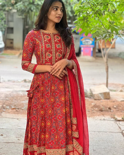 Women’s Designer Cotton Anarkali Kurta Set with Embroidered Kurta, Pant & Dupatta