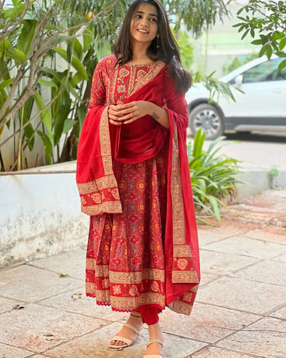 Women’s Designer Cotton Anarkali Kurta Set with Embroidered Kurta, Pant & Dupatta