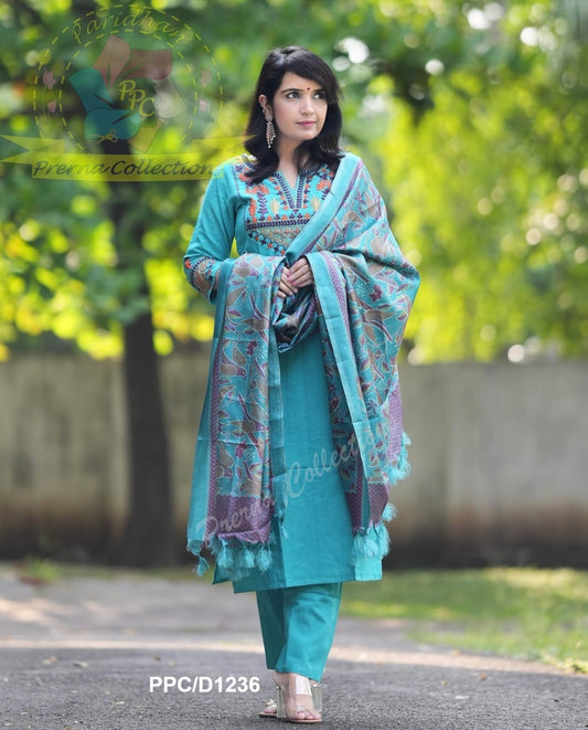 Handloom Embroidered Kurta Pant Set with Khadi Silk Kantha Print