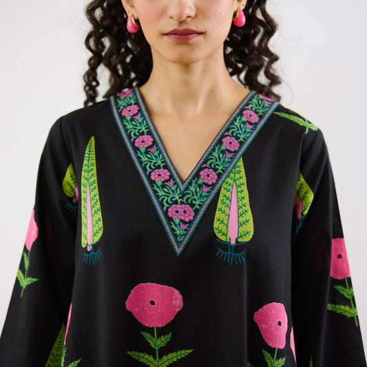 Black Floral Printed Kurta Set with Palazzo Pants for Women