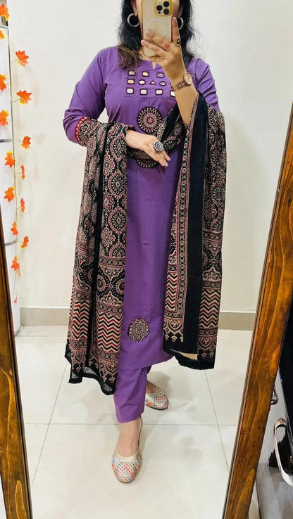 Purple Kurta Set with Mirror Work & Ajrakh Print Dupatta for Women