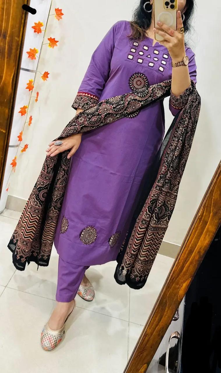 Purple Kurta Set with Mirror Work & Ajrakh Print Dupatta for Women