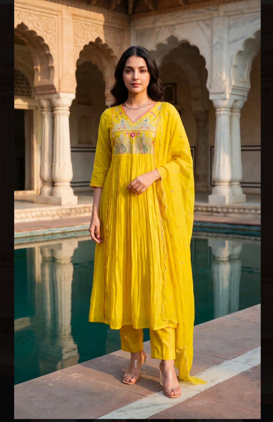 Yellow Embroidered Anarkali Kurta Set with Zari Detailing for Women