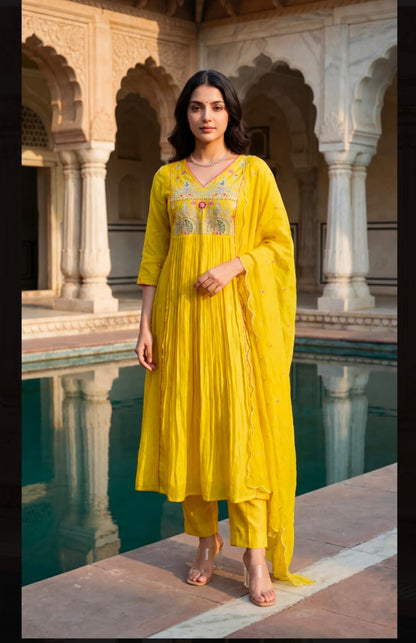 Yellow Embroidered Anarkali Kurta Set with Zari Detailing for Women