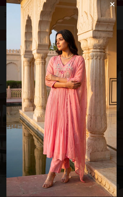 Pastel Pink Embroidered Anarkali Kurta Set for Women