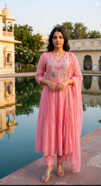 Pastel Pink Embroidered Anarkali Kurta Set for Women