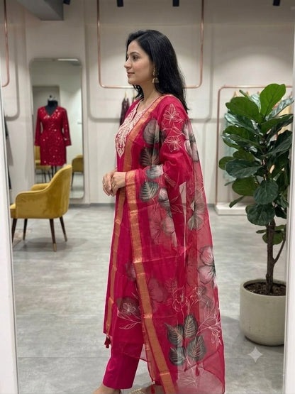 Magenta Embroidered Cotton Kurta Pant Dupatta Set