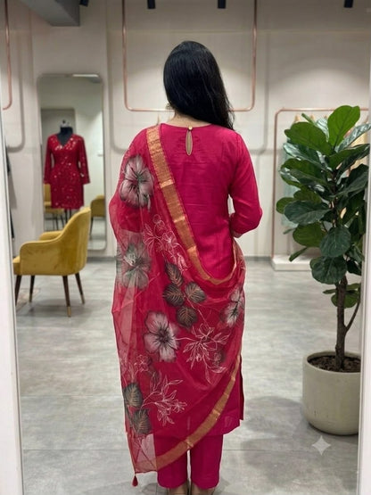 Magenta Embroidered Cotton Kurta Pant Dupatta Set