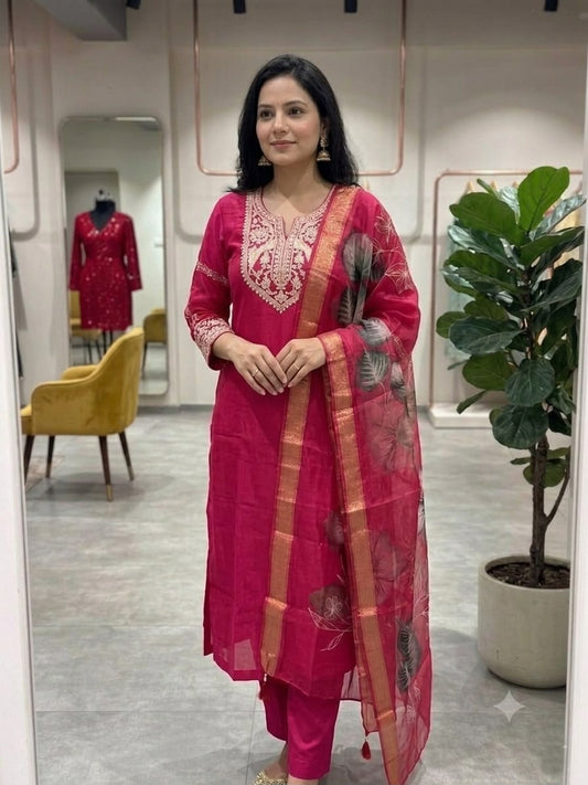 Magenta Embroidered Cotton Kurta Pant Dupatta Set