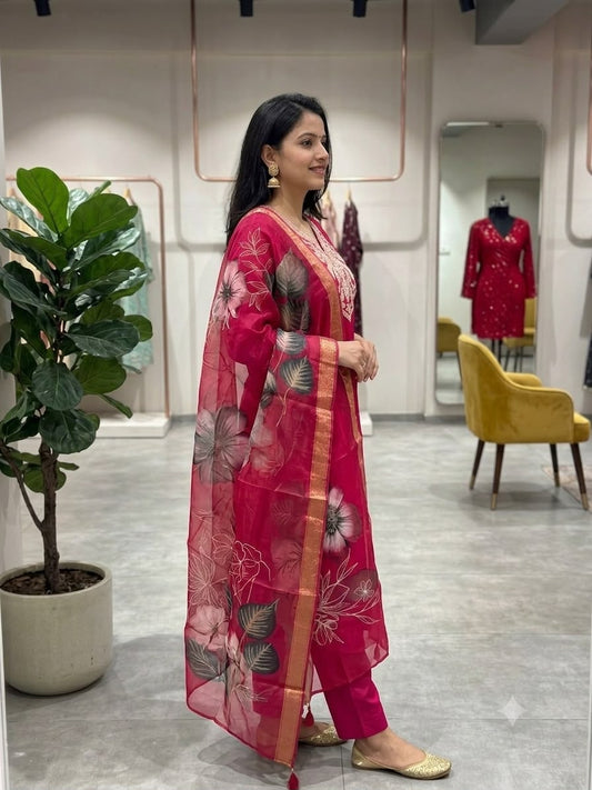 Magenta Embroidered Cotton Kurta Pant Dupatta Set