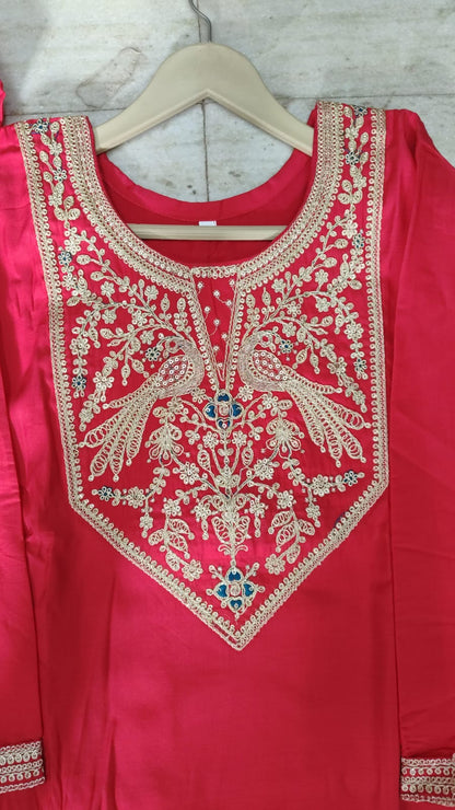 Magenta Embroidered Cotton Kurta Pant Dupatta Set