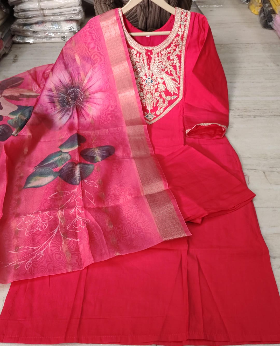 Magenta Embroidered Cotton Kurta Pant Dupatta Set