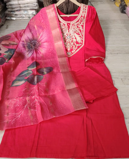 Magenta Embroidered Cotton Kurta Pant Dupatta Set