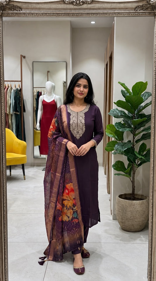 Purple Embroidered Kurta Pant Dupatta Set