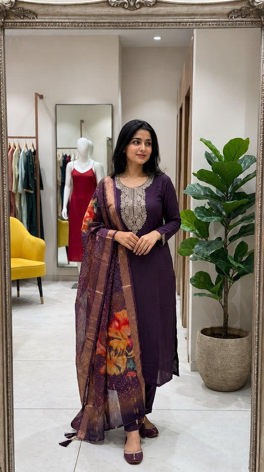 Purple Embroidered Kurta Pant Dupatta Set